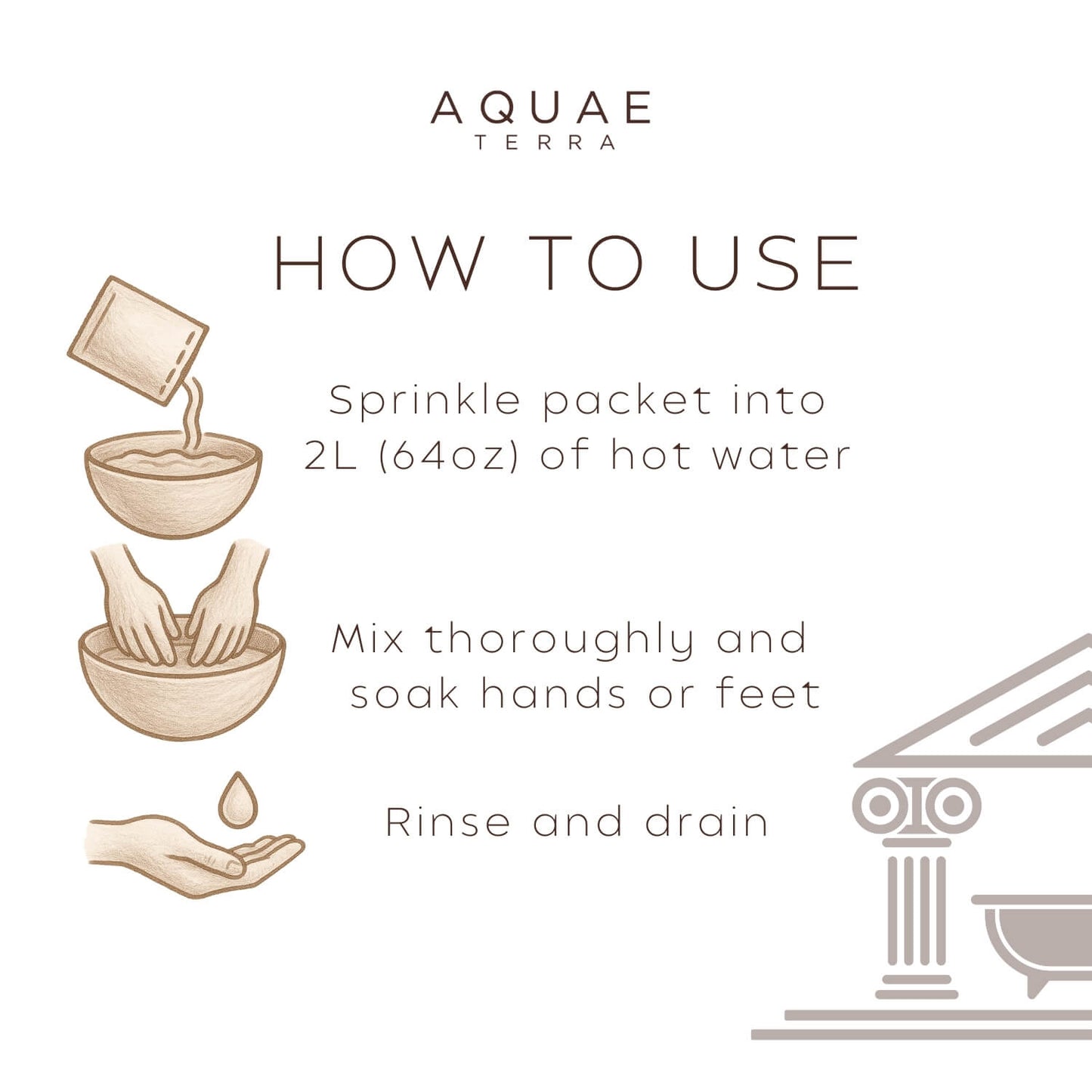 How to Use Mud Bath Instructions. First, sprinkle packet into 2L (64oz) of hot water. Second, mix thoroughly and soak your hands or feet. Lastly, rinse off and drain the product.