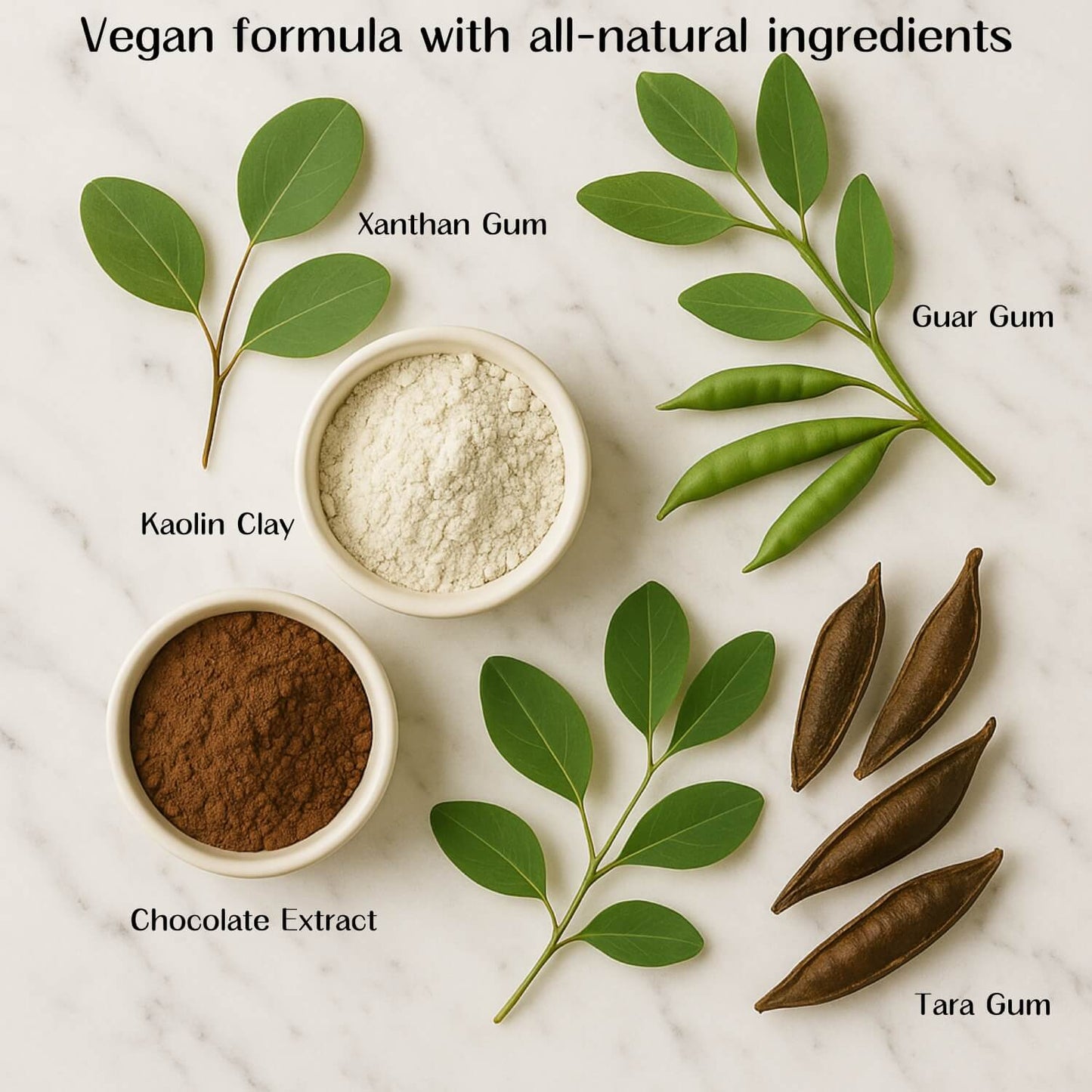 Aquae Terra Mud Bath shows its vegan formula with all natural ingredients on a marble background. Ingredients include kaolin clay, chocolate extract, xanthan gum, guar gum, and tara gum.