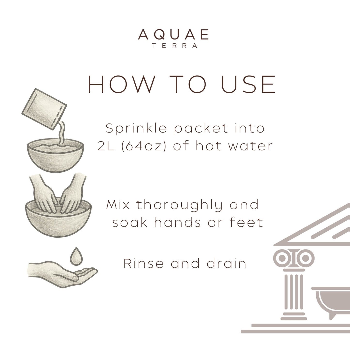 How to Use Mud Bath Instructions. First, sprinkle packet into 2L (64oz) of hot water. Second, mix thoroughly and soak your hands or feet. Lastly, rinse off and drain the product. 