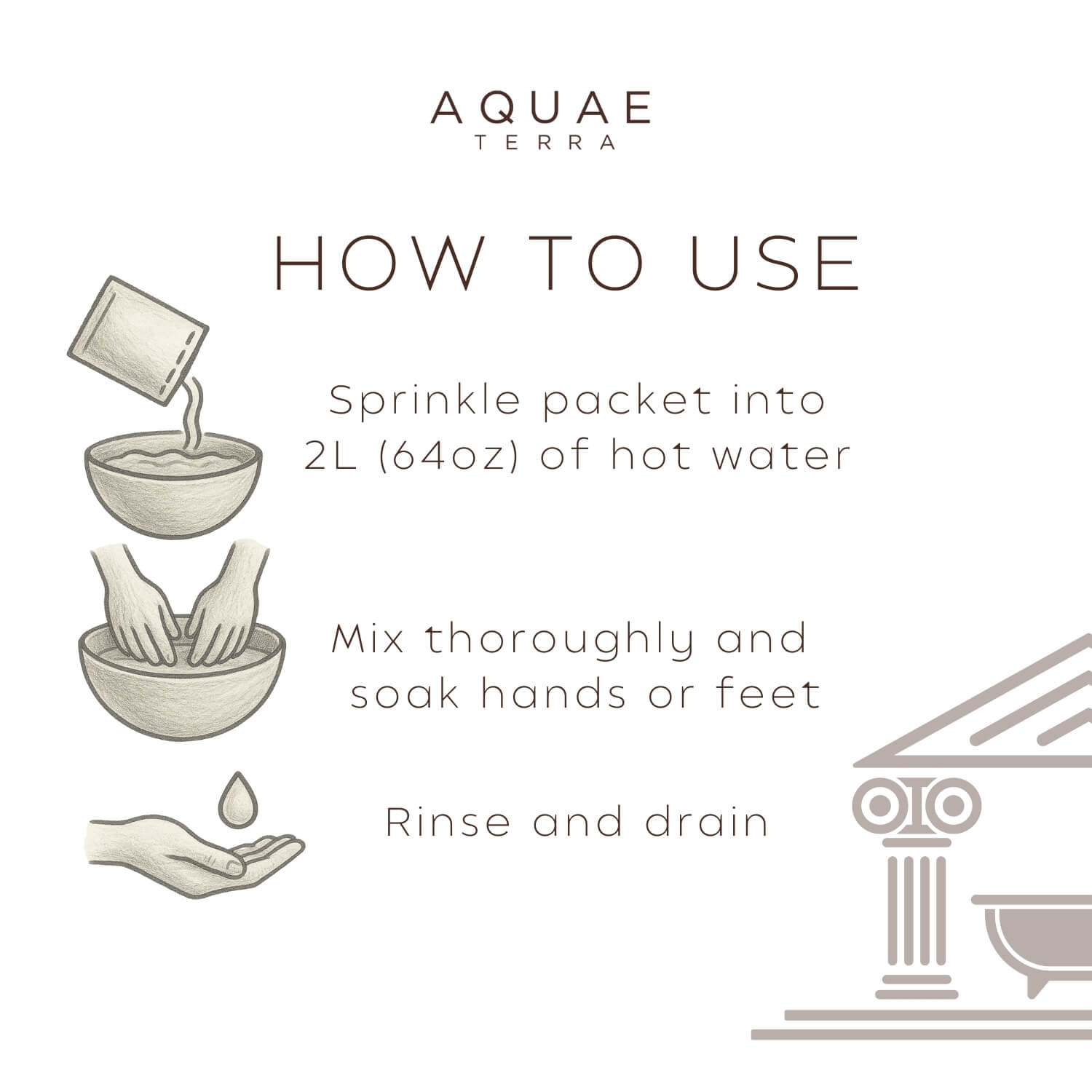 How to Use Mud Bath Instructions. First, sprinkle packet into 2L (64oz) of hot water. Second, mix thoroughly and soak your hands or feet. Lastly, rinse off and drain the product. 