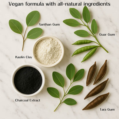 Aquae Terra Mud Bath shows its vegan formula ingredients including Xanthan Gum, Guar Gum, Kaolin Clay, Charcoal Extract, and Tara Gum on a marble background.