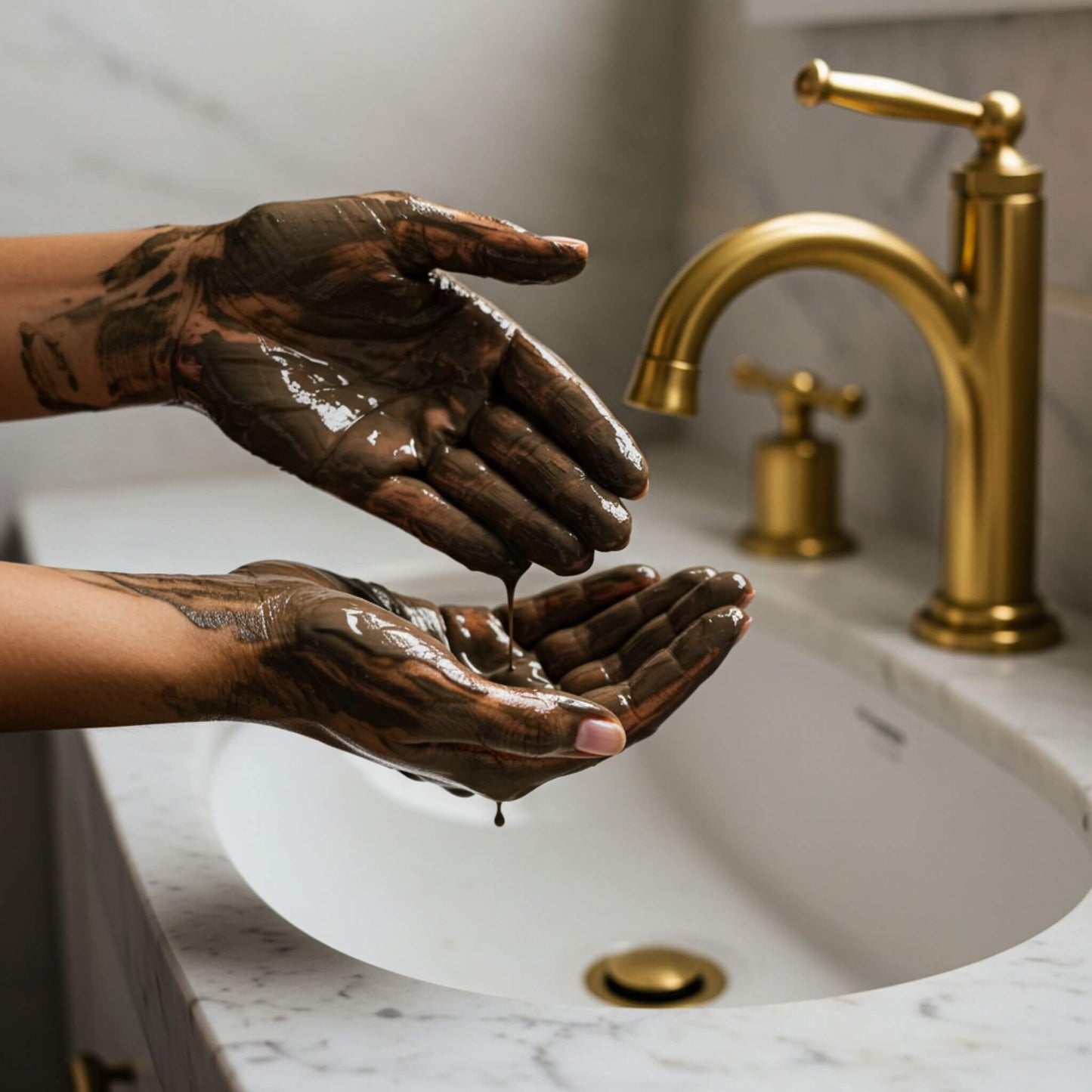 Female hands covered in nourishing dark brown mud over a modern white sink with marble countertop and gold faucet.