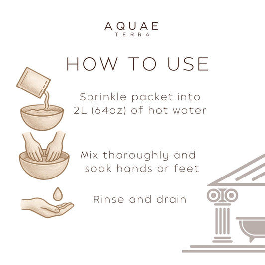 How to Use Mud Bath Instructions. First, sprinkle packet into 2L (64oz) of hot water. Second, mix thoroughly and soak your hands or feet. Lastly, rinse off and drain the product. 